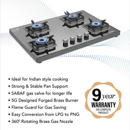 Sujata Premium Gas Stove | 9 Years Warranty | 4 Burner Gas Stove Glass Top, SABAF, ISI Certified, LPG & PNG Compatible, 360° Rotating Brass Gas Nozzle, Jumbo Brass Burner (Black) 