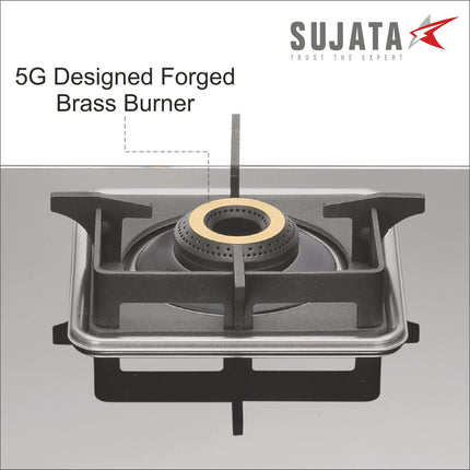 Sujata Premium Gas Stove | 9 Years Warranty | 4 Burner Gas Stove Glass Top, SABAF, ISI Certified, LPG & PNG Compatible, 360° Rotating Brass Gas Nozzle, Jumbo Brass Burner (Black) 