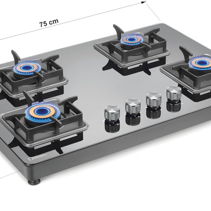 Sujata Premium Gas Stove | 9 Years Warranty | 4 Burner Gas Stove Glass Top, SABAF, ISI Certified, LPG & PNG Compatible, 360° Rotating Brass Gas Nozzle, Jumbo Brass Burner (Black) 