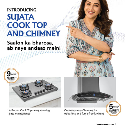 Sujata Premium Gas Stove | 9 Years Warranty | 4 Burner Gas Stove Glass Top, SABAF, ISI Certified, LPG & PNG Compatible, 360° Rotating Brass Gas Nozzle, Jumbo Brass Burner (Black) 