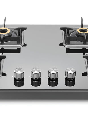 Sujata Premium Gas Stove | 9 Years Warranty | 4 Burner Gas Stove Glass Top, SABAF, ISI Certified, LPG & PNG Compatible, 360° Rotating Brass Gas Nozzle, Jumbo Brass Burner (Black) 