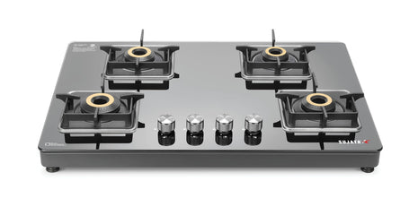 Sujata Premium Gas Stove | 9 Years Warranty | 4 Burner Gas Stove Glass Top, SABAF, ISI Certified, LPG & PNG Compatible, 360° Rotating Brass Gas Nozzle, Jumbo Brass Burner (Black) 