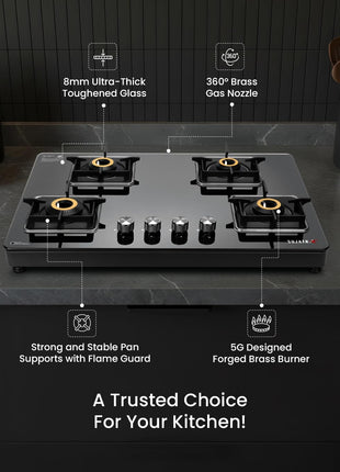 Sujata Premium Gas Stove | 9 Years Warranty | 4 Burner Gas Stove Glass Top, SABAF, ISI Certified, LPG & PNG Compatible, 360° Rotating Brass Gas Nozzle, Jumbo Brass Burner (Black) 
