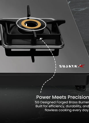 Sujata Premium Gas Stove | 9 Years Warranty | 4 Burner Gas Stove Glass Top, SABAF, ISI Certified, LPG & PNG Compatible, 360° Rotating Brass Gas Nozzle, Jumbo Brass Burner (Black) 