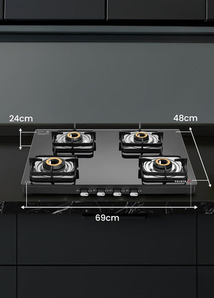 Sujata Premium Gas Stove | 9 Years Warranty | 4 Burner Gas Stove Glass Top, SABAF, ISI Certified, LPG & PNG Compatible, 360° Rotating Brass Gas Nozzle, Jumbo Brass Burner (Black) 