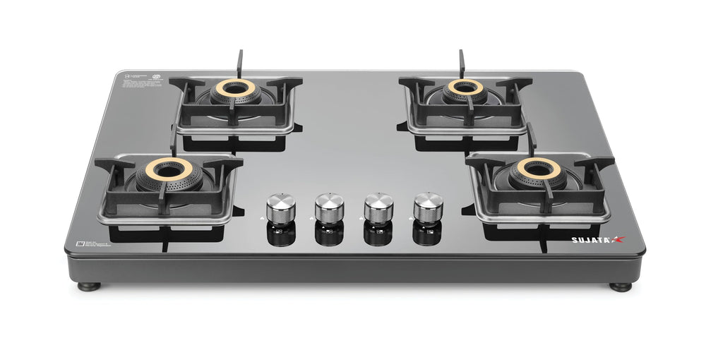 Sujata Premium Gas Stove | 9 Years Warranty | 4 Burner Gas Stove Glass Top, SABAF, ISI Certified, LPG & PNG Compatible, 360° Rotating Brass Gas Nozzle, Jumbo Brass Burner (Black) price under 20000