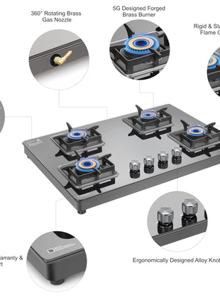 Sujata Premium Gas Stove | 9 Years Warranty | 4 Burner Gas Stove Glass Top, SABAF, ISI Certified, LPG & PNG Compatible, 360° Rotating Brass Gas Nozzle, Jumbo Brass Burner (Black) 