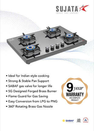 Sujata Premium Gas Stove | 9 Years Warranty | 4 Burner Gas Stove Glass Top, SABAF, ISI Certified, LPG & PNG Compatible, 360° Rotating Brass Gas Nozzle, Jumbo Brass Burner (Black) 