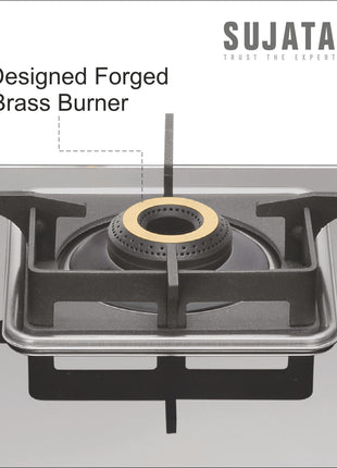 Sujata Premium Gas Stove | 9 Years Warranty | 4 Burner Gas Stove Glass Top, SABAF, ISI Certified, LPG & PNG Compatible, 360° Rotating Brass Gas Nozzle, Jumbo Brass Burner (Black) 