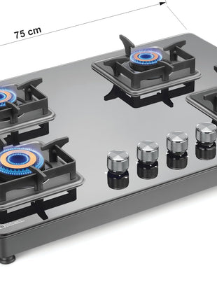 Sujata Premium Gas Stove | 9 Years Warranty | 4 Burner Gas Stove Glass Top, SABAF, ISI Certified, LPG & PNG Compatible, 360° Rotating Brass Gas Nozzle, Jumbo Brass Burner (Black) 