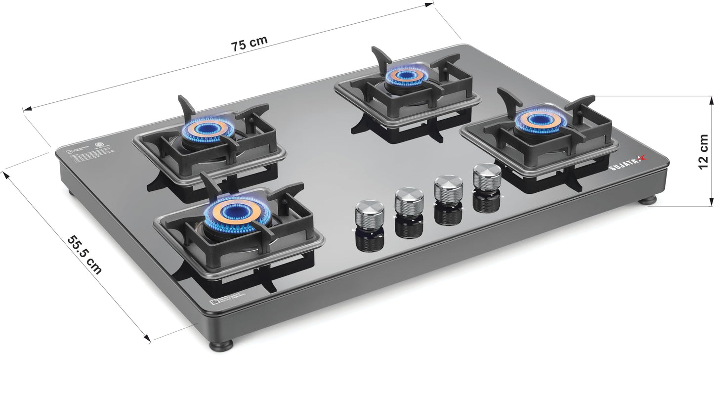 Sujata Premium Gas Stove | 9 Years Warranty | 4 Burner Gas Stove Glass Top, SABAF, ISI Certified, LPG & PNG Compatible, 360° Rotating Brass Gas Nozzle, Jumbo Brass Burner (Black) 