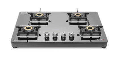 Sujata Premium Gas Stove | 9 Years Warranty | 4 Burner Gas Stove Glass Top, SABAF, ISI Certified, LPG & PNG Compatible, 360° Rotating Brass Gas Nozzle, Jumbo Brass Burner (Black) 