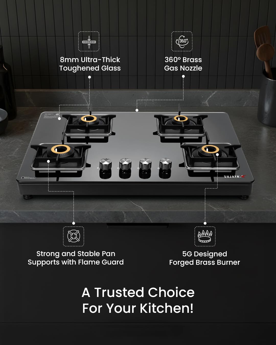 Sujata Premium Gas Stove | 9 Years Warranty | 4 Burner Gas Stove Glass Top, SABAF, ISI Certified, LPG & PNG Compatible, 360° Rotating Brass Gas Nozzle, Jumbo Brass Burner (Black) 