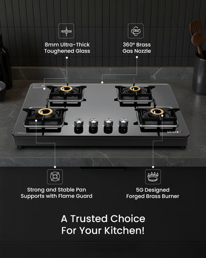 Sujata Premium Gas Stove | 9 Years Warranty | 4 Burner Gas Stove Glass Top, SABAF, ISI Certified, LPG & PNG Compatible, 360° Rotating Brass Gas Nozzle, Jumbo Brass Burner (Black) 