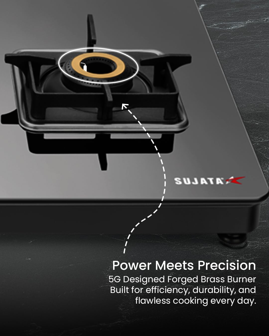 Sujata Premium Gas Stove | 9 Years Warranty | 4 Burner Gas Stove Glass Top, SABAF, ISI Certified, LPG & PNG Compatible, 360° Rotating Brass Gas Nozzle, Jumbo Brass Burner (Black) 