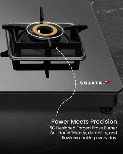 Sujata Premium Gas Stove | 9 Years Warranty | 4 Burner Gas Stove Glass Top, SABAF, ISI Certified, LPG & PNG Compatible, 360° Rotating Brass Gas Nozzle, Jumbo Brass Burner (Black) 