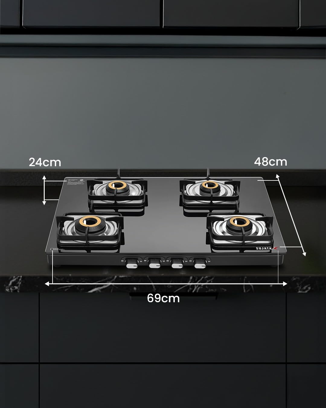 Sujata Premium Gas Stove | 9 Years Warranty | 4 Burner Gas Stove Glass Top, SABAF, ISI Certified, LPG & PNG Compatible, 360° Rotating Brass Gas Nozzle, Jumbo Brass Burner (Black) 