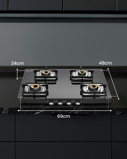 Sujata Premium Gas Stove | 9 Years Warranty | 4 Burner Gas Stove Glass Top, SABAF, ISI Certified, LPG & PNG Compatible, 360° Rotating Brass Gas Nozzle, Jumbo Brass Burner (Black) 