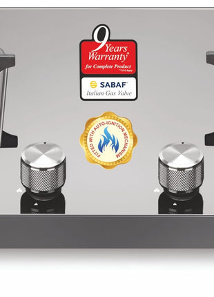 Sujata Premium Gas Stove Auto Ignition | 9 Years Warranty | Gas Stove 2 Burners Glass Top, SABAF, ISI Certified, LPG & PNG Compatible, 360° Rotating Brass Gas Nozzle, Jumbo Brass Burner (Black) 