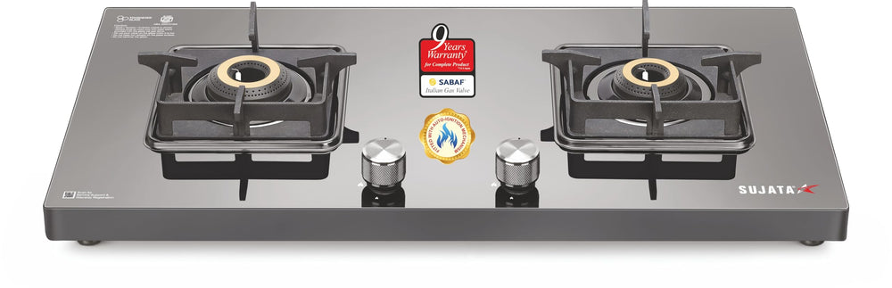 Sujata Premium Gas Stove Auto Ignition | 9 Years Warranty | Gas Stove 2 Burners Glass Top, SABAF, ISI Certified, LPG & PNG Compatible, 360° Rotating Brass Gas Nozzle, Jumbo Brass Burner (Black)