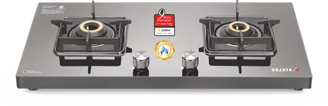 Sujata Premium Gas Stove Auto Ignition | 9 Years Warranty | Gas Stove 2 Burners Glass Top, SABAF, ISI Certified, LPG & PNG Compatible, 360° Rotating Brass Gas Nozzle, Jumbo Brass Burner (Black) 