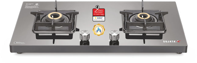 Sujata Premium Gas Stove Auto Ignition | 9 Years Warranty | Gas Stove 2 Burners Glass Top, SABAF, ISI Certified, LPG & PNG Compatible, 360° Rotating Brass Gas Nozzle, Jumbo Brass Burner (Black) 