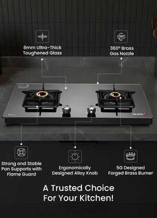 Sujata Premium Gas Stove Auto Ignition | 9 Years Warranty | Gas Stove 2 Burners Glass Top, SABAF, ISI Certified, LPG & PNG Compatible, 360° Rotating Brass Gas Nozzle, Jumbo Brass Burner (Black) 