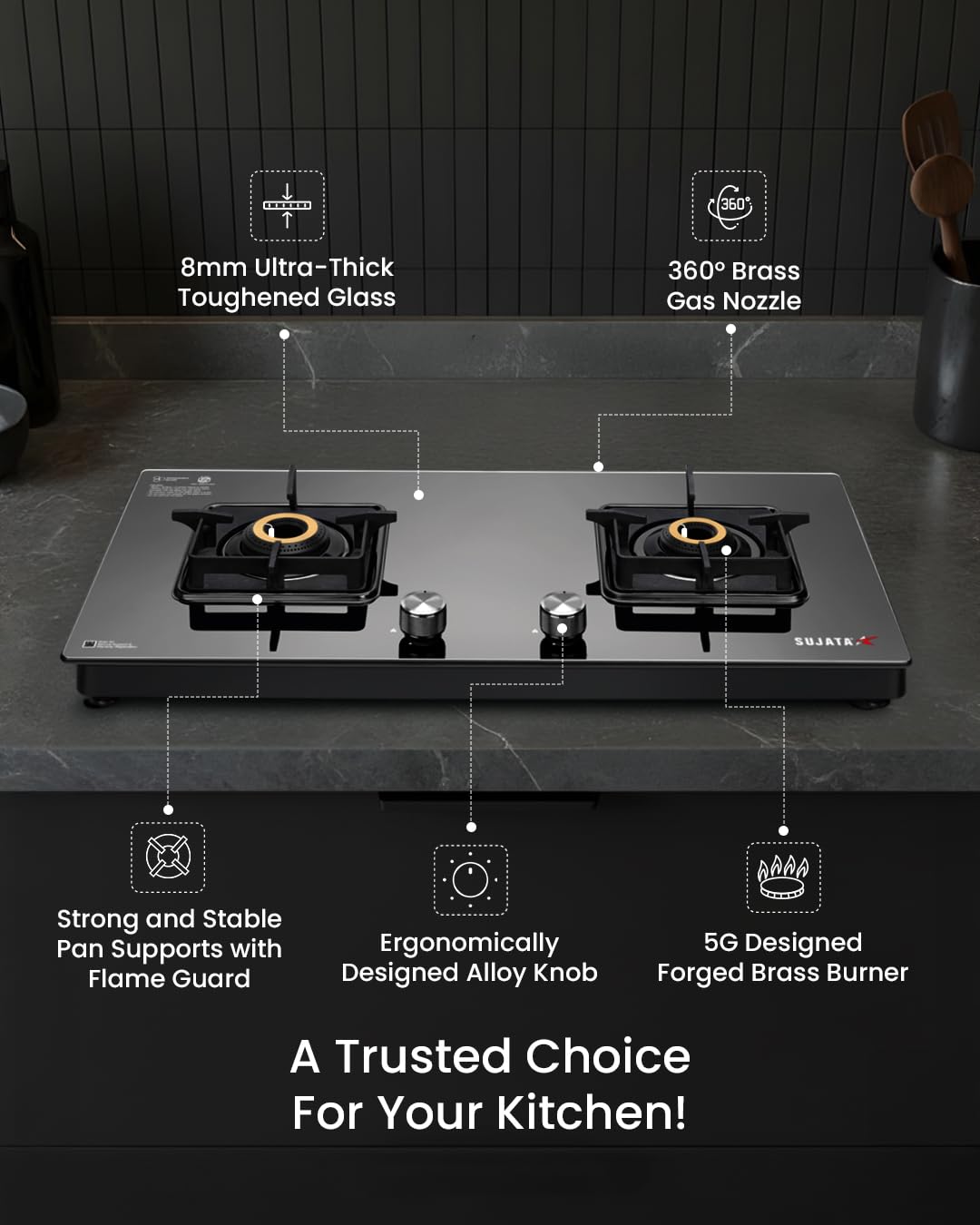 Sujata Premium Gas Stove Auto Ignition | 9 Years Warranty | Gas Stove 2 Burners Glass Top, SABAF, ISI Certified, LPG & PNG Compatible, 360° Rotating Brass Gas Nozzle, Jumbo Brass Burner (Black) 