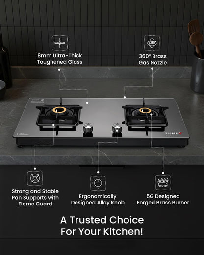 Sujata Premium Gas Stove Auto Ignition | 9 Years Warranty | Gas Stove 2 Burners Glass Top, SABAF, ISI Certified, LPG & PNG Compatible, 360° Rotating Brass Gas Nozzle, Jumbo Brass Burner (Black) 