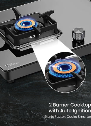 Sujata Premium Gas Stove Auto Ignition | 9 Years Warranty | Gas Stove 2 Burners Glass Top, SABAF, ISI Certified, LPG & PNG Compatible, 360° Rotating Brass Gas Nozzle, Jumbo Brass Burner (Black) 