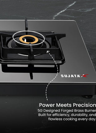Sujata Premium Gas Stove Auto Ignition | 9 Years Warranty | Gas Stove 2 Burners Glass Top, SABAF, ISI Certified, LPG & PNG Compatible, 360° Rotating Brass Gas Nozzle, Jumbo Brass Burner (Black) 