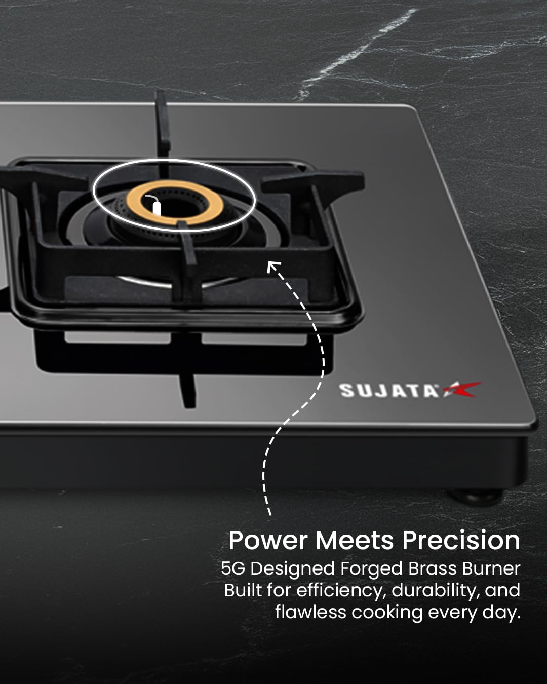 Sujata Premium Gas Stove Auto Ignition | 9 Years Warranty | Gas Stove 2 Burners Glass Top, SABAF, ISI Certified, LPG & PNG Compatible, 360° Rotating Brass Gas Nozzle, Jumbo Brass Burner (Black) 