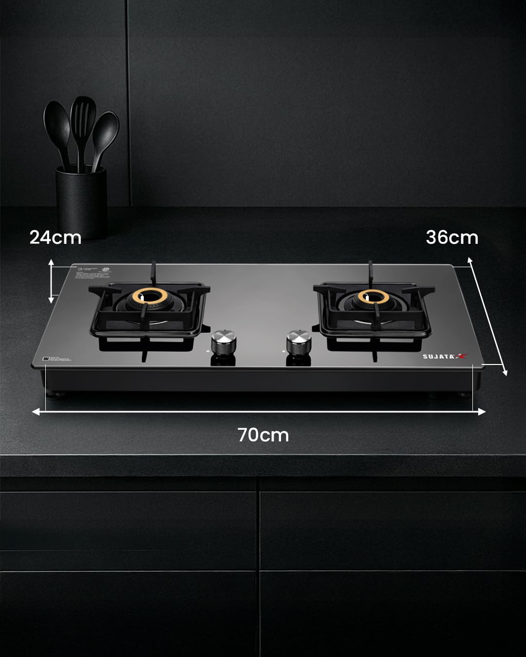 Sujata Premium Gas Stove Auto Ignition | 9 Years Warranty | Gas Stove 2 Burners Glass Top, SABAF, ISI Certified, LPG & PNG Compatible, 360° Rotating Brass Gas Nozzle, Jumbo Brass Burner (Black) 