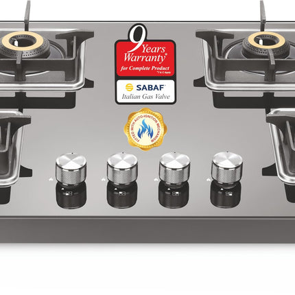 Sujata Premium Gas Stove Auto Ignition | 9 Years Warranty | Gas Stove 4 Burners Glass Top, SABAF, ISI Certified, LPG & PNG Compatible, 360° Rotating Brass Gas Nozzle, Jumbo Brass Burner (Black) 