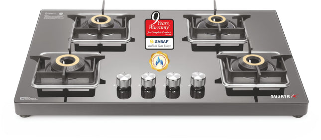 Sujata Premium Gas Stove Auto Ignition | 9 Years Warranty | Gas Stove 4 Burners Glass Top, SABAF, ISI Certified, LPG & PNG Compatible, 360° Rotating Brass Gas Nozzle, Jumbo Brass Burner (Black) 