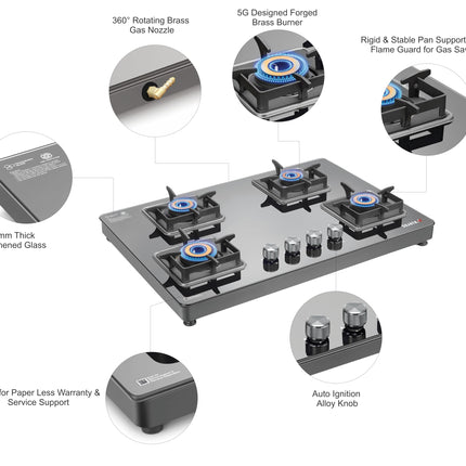 Sujata Premium Gas Stove Auto Ignition | 9 Years Warranty | Gas Stove 4 Burners Glass Top, SABAF, ISI Certified, LPG & PNG Compatible, 360° Rotating Brass Gas Nozzle, Jumbo Brass Burner (Black) 