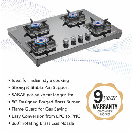Sujata Premium Gas Stove Auto Ignition | 9 Years Warranty | Gas Stove 4 Burners Glass Top, SABAF, ISI Certified, LPG & PNG Compatible, 360° Rotating Brass Gas Nozzle, Jumbo Brass Burner (Black) 