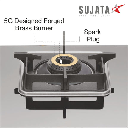 Sujata Premium Gas Stove Auto Ignition | 9 Years Warranty | Gas Stove 4 Burners Glass Top, SABAF, ISI Certified, LPG & PNG Compatible, 360° Rotating Brass Gas Nozzle, Jumbo Brass Burner (Black) 