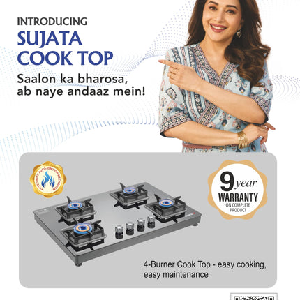 Sujata Premium Gas Stove Auto Ignition | 9 Years Warranty | Gas Stove 4 Burners Glass Top, SABAF, ISI Certified, LPG & PNG Compatible, 360° Rotating Brass Gas Nozzle, Jumbo Brass Burner (Black) 