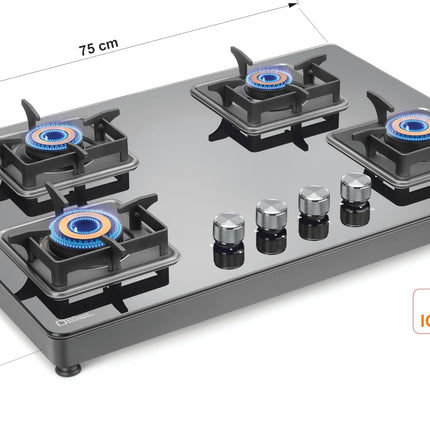 Sujata Premium Gas Stove Auto Ignition | 9 Years Warranty | Gas Stove 4 Burners Glass Top, SABAF, ISI Certified, LPG & PNG Compatible, 360° Rotating Brass Gas Nozzle, Jumbo Brass Burner (Black) 