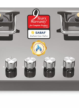 Sujata Premium Gas Stove Auto Ignition | 9 Years Warranty | Gas Stove 4 Burners Glass Top, SABAF, ISI Certified, LPG & PNG Compatible, 360° Rotating Brass Gas Nozzle, Jumbo Brass Burner (Black) 