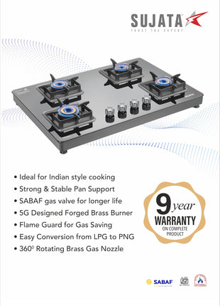 Sujata Premium Gas Stove Auto Ignition | 9 Years Warranty | Gas Stove 4 Burners Glass Top, SABAF, ISI Certified, LPG & PNG Compatible, 360° Rotating Brass Gas Nozzle, Jumbo Brass Burner (Black) 
