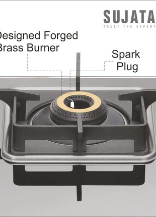 Sujata Premium Gas Stove Auto Ignition | 9 Years Warranty | Gas Stove 4 Burners Glass Top, SABAF, ISI Certified, LPG & PNG Compatible, 360° Rotating Brass Gas Nozzle, Jumbo Brass Burner (Black) 