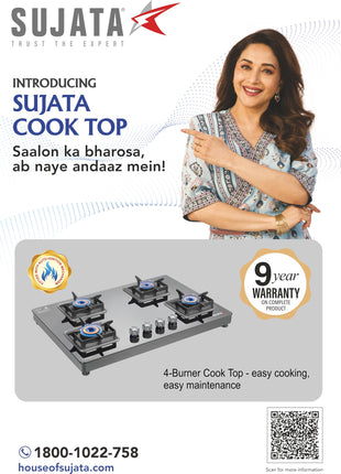 Sujata Premium Gas Stove Auto Ignition | 9 Years Warranty | Gas Stove 4 Burners Glass Top, SABAF, ISI Certified, LPG & PNG Compatible, 360° Rotating Brass Gas Nozzle, Jumbo Brass Burner (Black) 