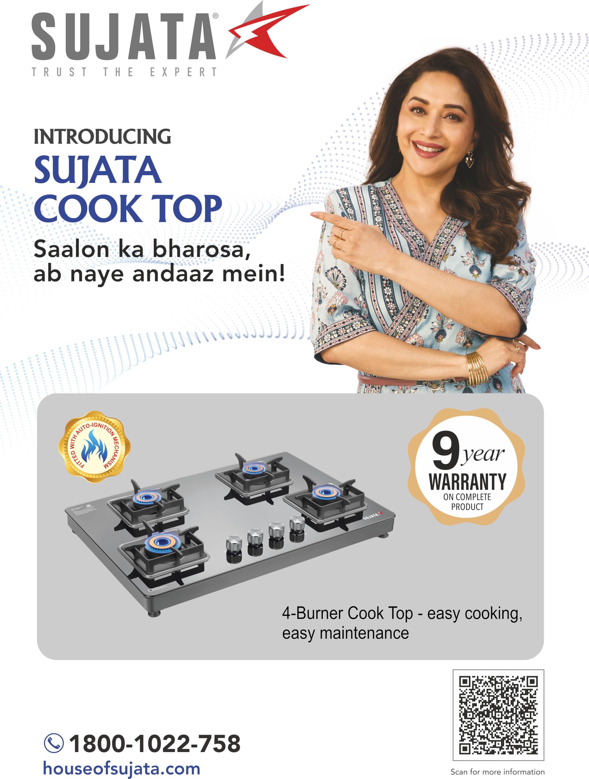 Sujata Premium Gas Stove Auto Ignition | 9 Years Warranty | Gas Stove 4 Burners Glass Top, SABAF, ISI Certified, LPG & PNG Compatible, 360° Rotating Brass Gas Nozzle, Jumbo Brass Burner (Black) 