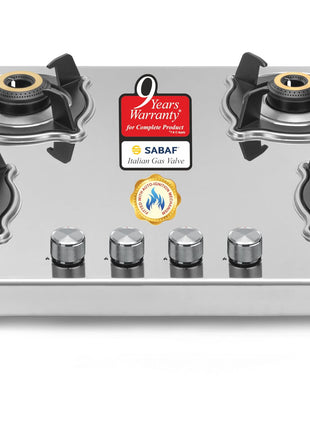 Sujata Robusto Gas Stove 4 Burners | 9 Years Warranty, ISI Certified | 4 Burner Gas Stove Stainless Steel Auto Ignition, LPG Ready & PNG Compatible, SABAF, 360° Rotating Nozzle, Jumbo Brass Burner 