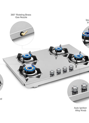 Sujata Robusto Gas Stove 4 Burners | 9 Years Warranty, ISI Certified | 4 Burner Gas Stove Stainless Steel Auto Ignition, LPG Ready & PNG Compatible, SABAF, 360° Rotating Nozzle, Jumbo Brass Burner 