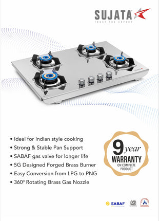 Sujata Robusto Gas Stove 4 Burners | 9 Years Warranty, ISI Certified | 4 Burner Gas Stove Stainless Steel Auto Ignition, LPG Ready & PNG Compatible, SABAF, 360° Rotating Nozzle, Jumbo Brass Burner 