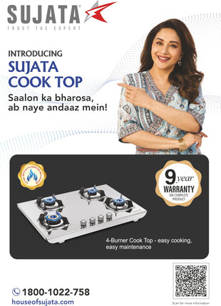 Sujata Robusto Gas Stove 4 Burners | 9 Years Warranty, ISI Certified | 4 Burner Gas Stove Stainless Steel Auto Ignition, LPG Ready & PNG Compatible, SABAF, 360° Rotating Nozzle, Jumbo Brass Burner 