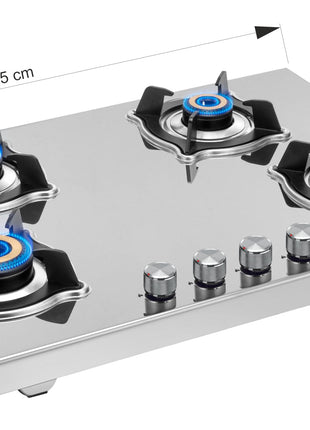 Sujata Robusto Gas Stove 4 Burners | 9 Years Warranty, ISI Certified | 4 Burner Gas Stove Stainless Steel Auto Ignition, LPG Ready & PNG Compatible, SABAF, 360° Rotating Nozzle, Jumbo Brass Burner 